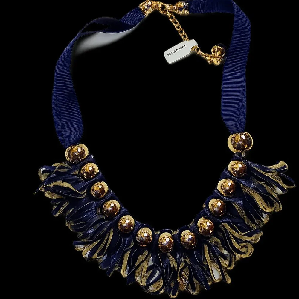 7 Charming Sisters Navy & Gold Statement Necklace NWT Ribbon Fringe Bead Bib Nec